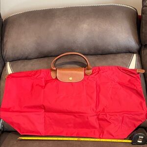Long champ red Tote Bag with Brown Handles